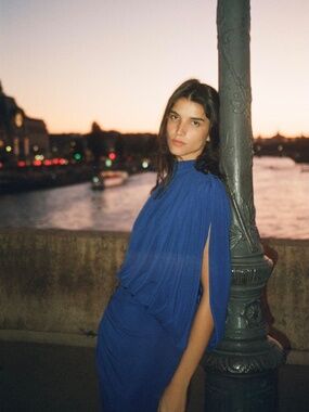 Zara Asymmetrical Cape Sleeve High Neck Bare Shoulder Ruched Detail Maxi Dress